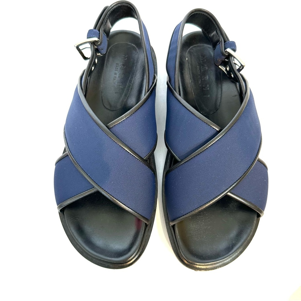 Marni Fussbett leather sandal crisscross low platform in blue and black - Picture 3 of 11